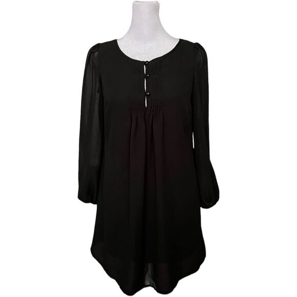 My Michelle Sheer Sleeve Black Pullover Lined Button Front Mini Dress. Small. - Picture 1 of 8